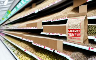A rewe supermarket with a close-up on a shelf displaying a variety of high-quality hemp seeds in different packaging
