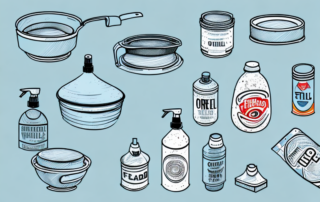 Several types of oil spray cans arranged neatly on a kitchen countertop