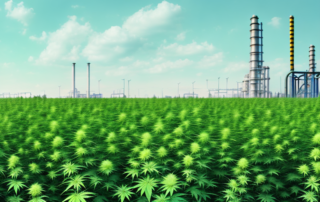 A thriving hemp field with various industrial facilities in the background