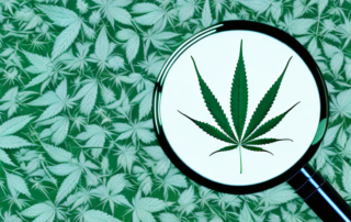 A magnifying glass focusing on a cannabis leaf