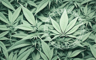 A mature female hemp plant with highlighted features such as the buds and leaves