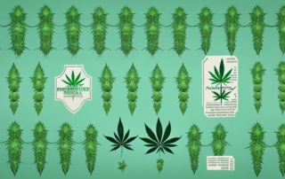 Various types of cannabis plants with price tags hanging from them