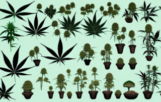 Several different types of soil in individual pots with cannabis plants thriving in them