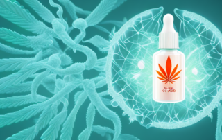 A cbd oil dropper with a few drops falling into a stylized representation of a body with visible inflammation areas glowing