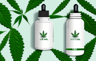 A cbd oil dropper bottle with a few droplets falling into a leaf