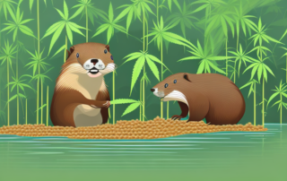 A beaver actively constructing a dam using hemp materials in a lush forest setting