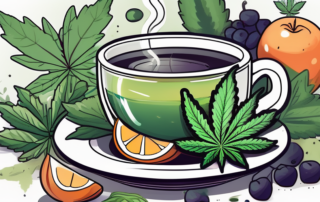 A steaming cup of tea with cannabis leaves floating in it