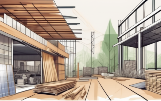 A construction site with various sustainable building materials like bamboo