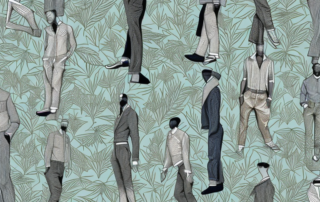 Several stylish men's hemp pants displayed on hangers
