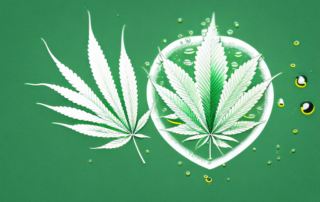 A cannabis leaf with oil droplets and various symbols of health and wellness