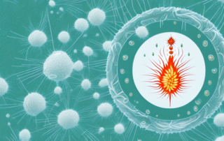 A cbd oil dropper with a few drops falling onto a stylized depiction of inflamed tissue