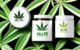A variety of cbd salve containers placed next to a few natural elements like hemp leaves