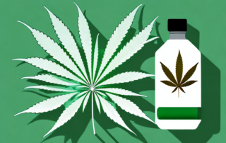 A cannabis leaf juxtaposed with a bottle of pills
