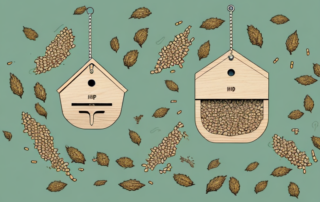 A variety of birds pecking at hemp seeds scattered on a natural wooden bird feeder