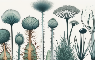 A variety of plants showcasing their trichomes (hair-like outgrowths) in a magnified view