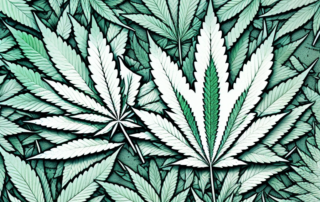 A cannabis leaf juxtaposed with various symbolic icons representing pain