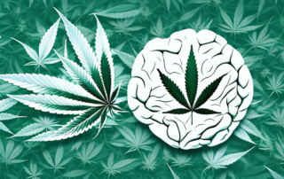 A cannabis leaf with various symbols like a brain