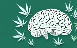 A brain with symbolic cannabis leaves scattered around