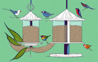 A variety of birds happily pecking at a bird feeder filled with hemp seeds