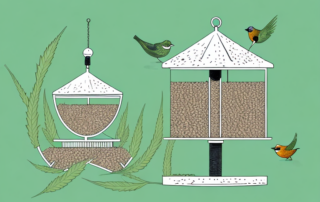 Various birds pecking at a bird feeder filled with hemp seeds