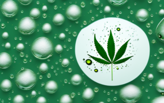 A hemp plant with droplets of oil falling from its leaves into a small