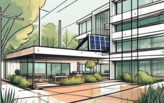 An eco-friendly construction site with various sustainable building materials and solar panels