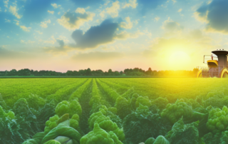 A variety of ripe fruits and vegetables on a lush field under a setting sun