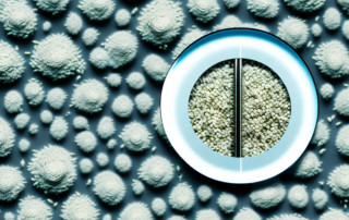 A magnifying glass focusing on a cluster of hemp seeds