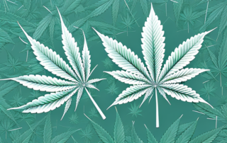 A cannabis leaf with scientific elements like molecular structures and laboratory equipment