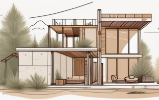 A sustainable construction site with various hemp-based building materials such as hemp bricks