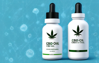 A cbd oil dropper bottle with a few drops falling into a stylized representation of a joint
