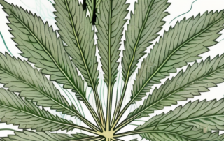 A magnified cannabis leaf showing detailed trichomes in a scientific and educational manner