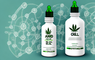 A hemp oil bottle with a backdrop of various metabolic processes like the breakdown of nutrients and energy production