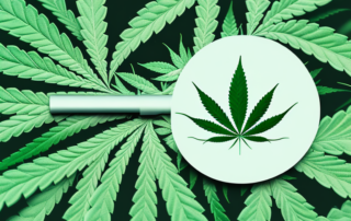 A hemp plant with a magnifying glass focusing on its leaves