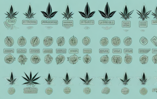 Different types of cannabis plants with a medical cross symbol and pain relief icons like a hot water bag