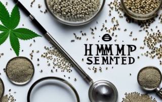 A variety of hemp seeds scattered on a scientific lab table with a magnifying glass focusing on one seed