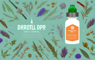 A dropper bottle with thc oil surrounded by various medicinal herbs