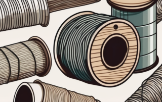 A spool of hemp thread with various industrial applications like pipes and ropes in the background