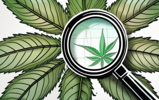 A hemp plant with a magnifying glass highlighting the cbd molecules within the plant