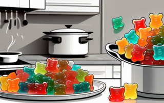 A variety of colorful cannabis-infused gummy bears on a kitchen counter