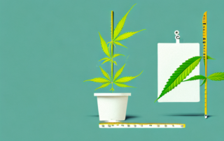 A mature cannabis plant with a ruler or measuring tape next to it to indicate its height