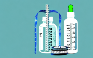 A cbd oil bottle with a measuring tape around it