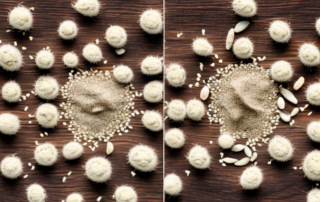 Peeled hemp seeds scattered on a wooden table
