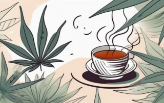 A steaming cup of tea with cannabis leaves floating on the surface