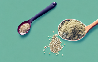 A measuring spoon filled with hemp seeds