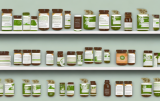 Various hemp tea products displayed on a pharmacy shelf