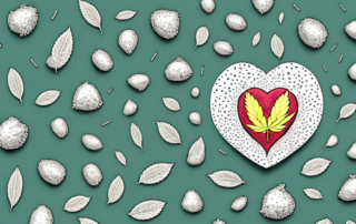 Peeled hemp seeds surrounded by symbols of health and wellness like a heart