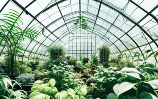 An indoor greenhouse with various plants at different stages of growth