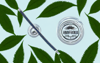 A bottle of hanfsamenöl (hemp seed oil) surrounded by fresh hemp leaves