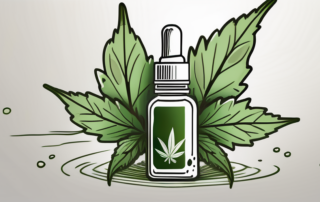 A cbd oil dropper with a few hemp leaves around it